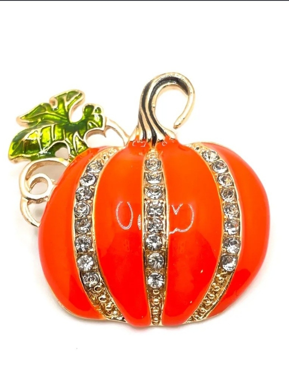 Gold-Tone Orange Pumpkin Brooch with  Enamel Leaf New